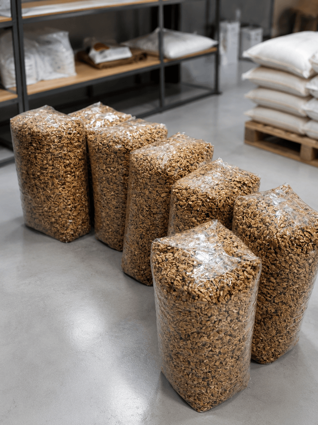 Nueces peladas en sacos, listas para despacho